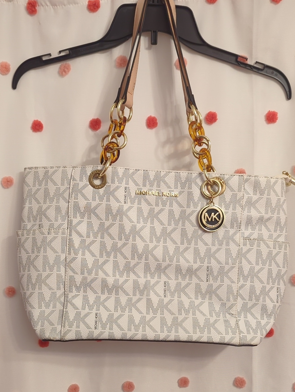 Michael Kors White/Gray MK Logo Tote with Gold Accents